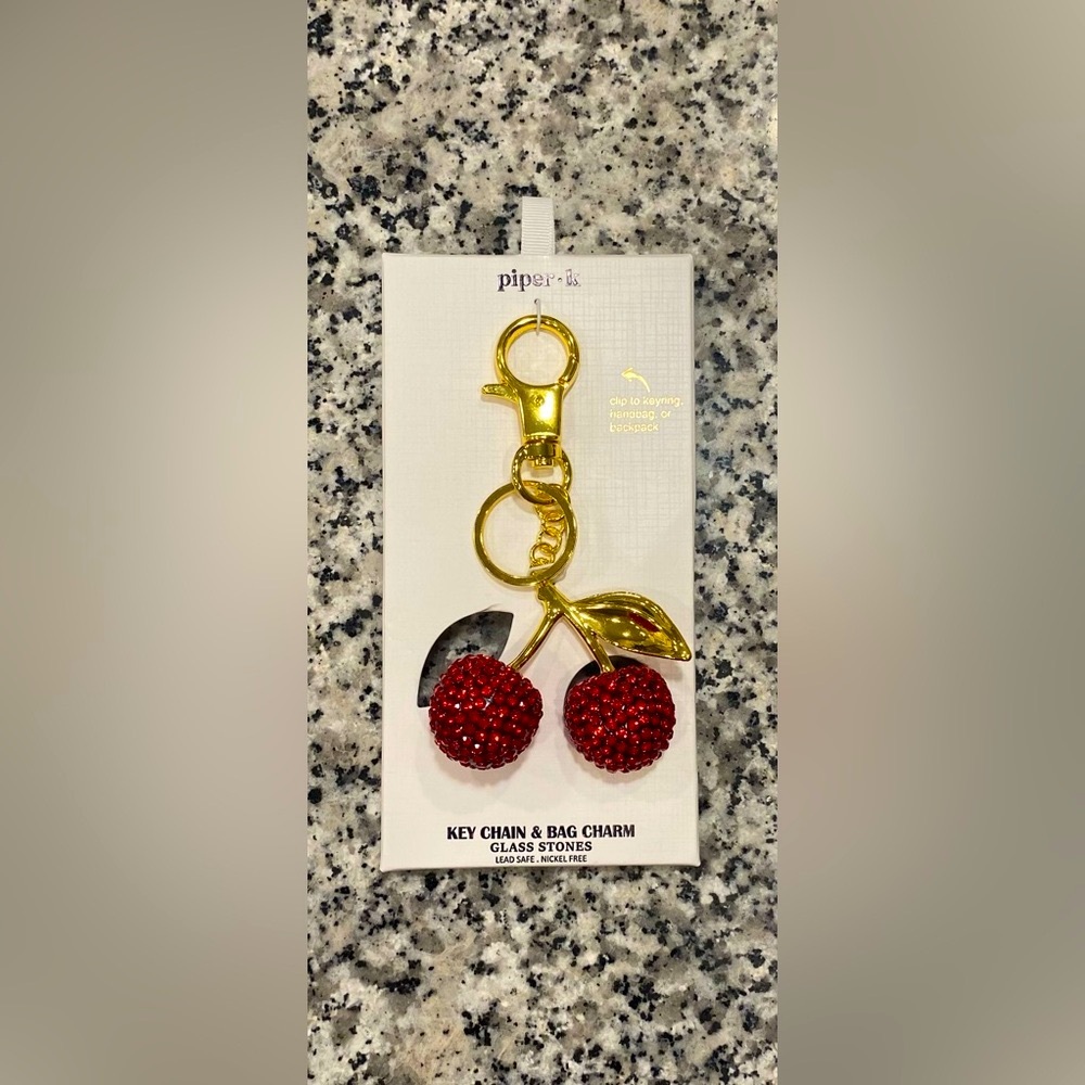 Piper K Cherry Bag Charm Key Chain Glass Stones